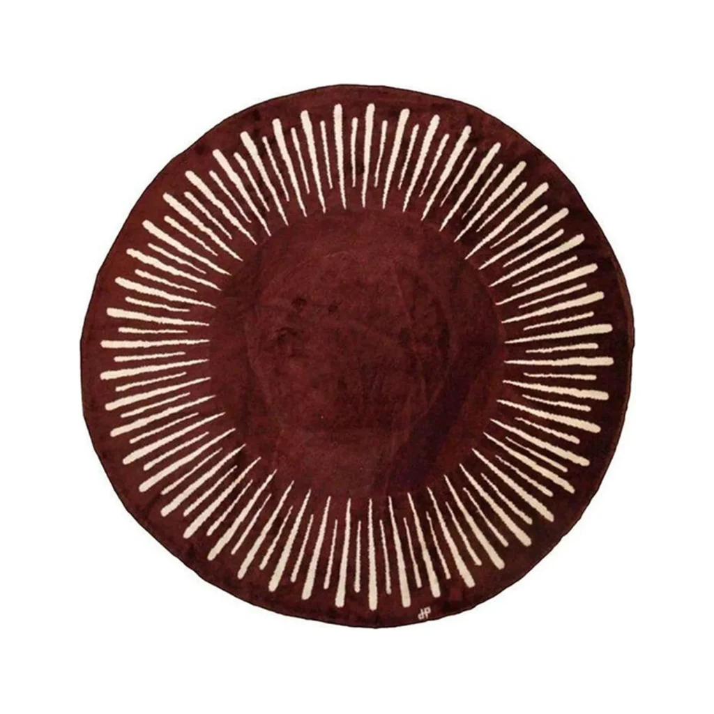 Custom Burgundy Sunburst Round Rug with Cream Rays in burgundy — front view