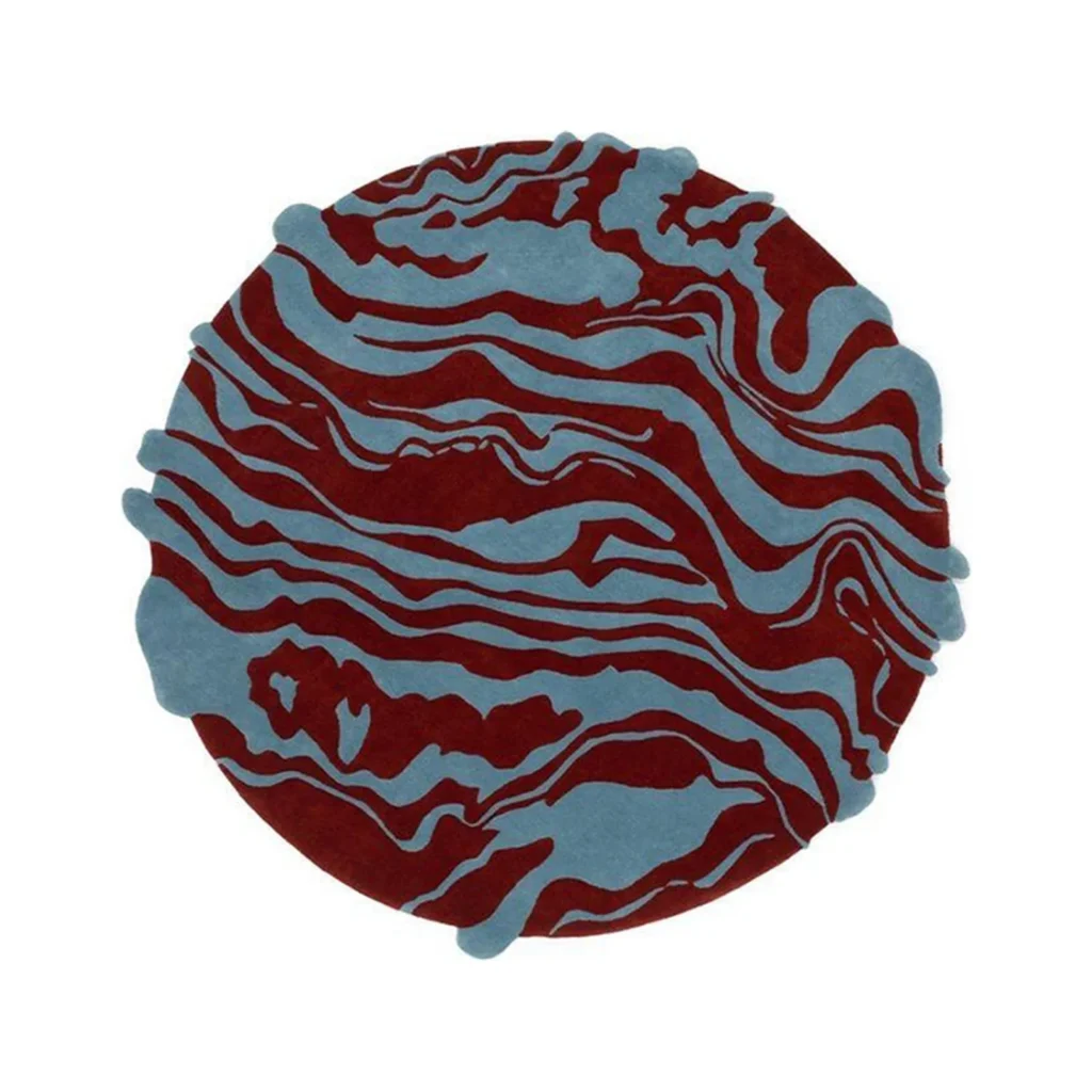 Custom Marbled Round Rug in Burgundy and Sky Blue — front view