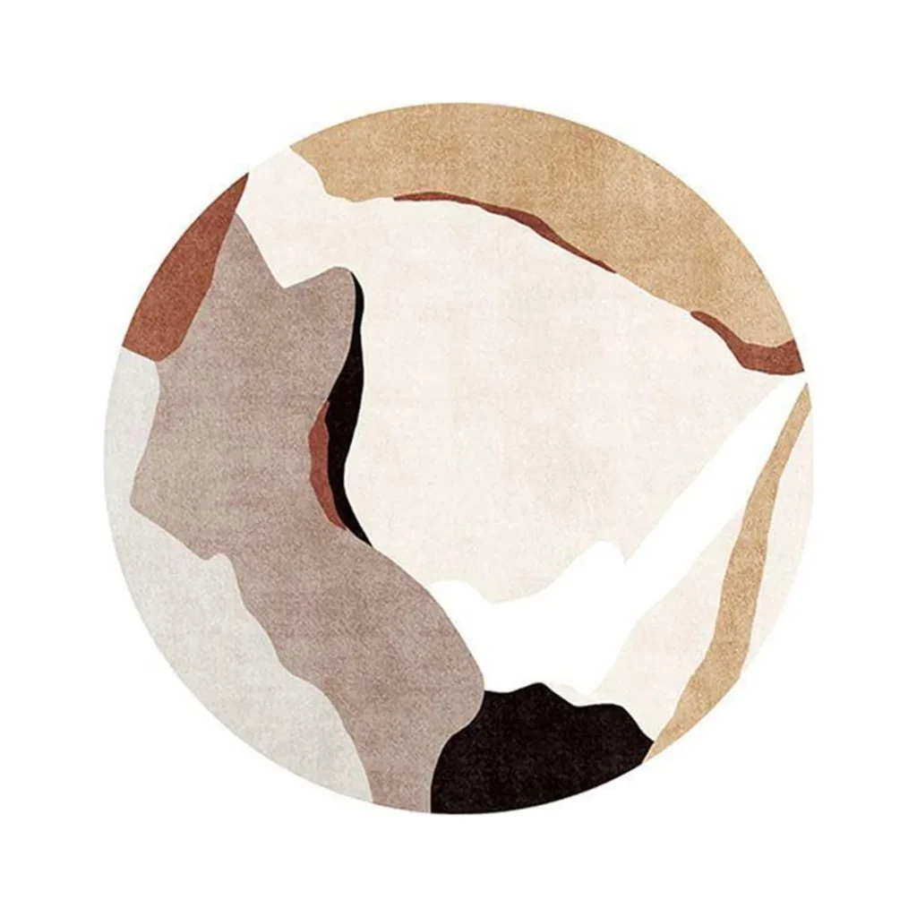 Custom Abstract Round Rug in Sand, Taupe and Rust — front view