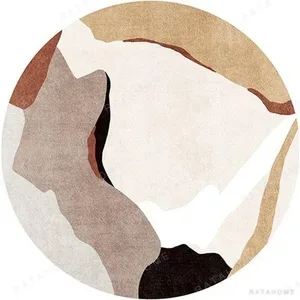 Custom Abstract Round Rug in Sand, Taupe and Rust — in a room setting