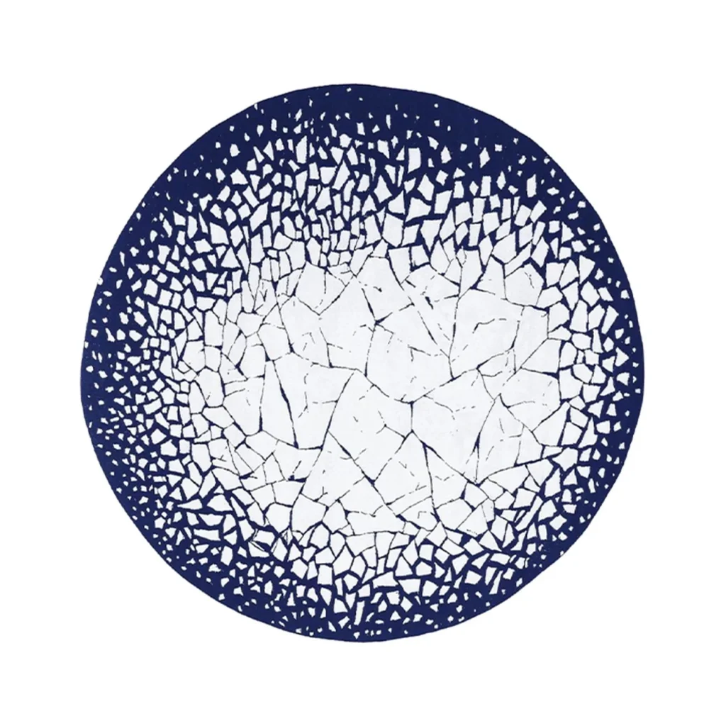 Custom Cracked Ice Round Rug in White and Navy — front view