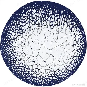 Custom Cracked Ice Round Rug in White and Navy — in a room setting