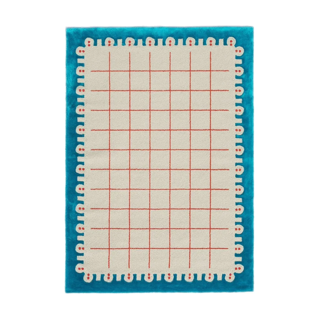 Custom Dotted Edge Grid Rug in Cream, Coral and Teal — front view