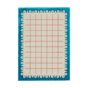 Custom Dotted Edge Grid Rug in Cream, Coral and Teal — front view