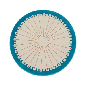 Custom Dotted Edge Round Rug in Cream, Coral and Teal — front view