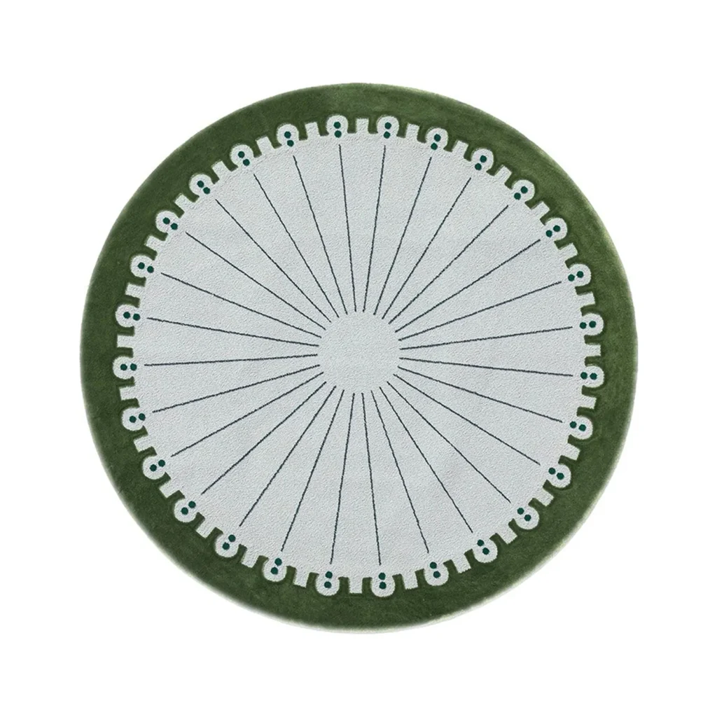 Custom Dotted Edge Round Rug in Pale Grey and Olive — front view