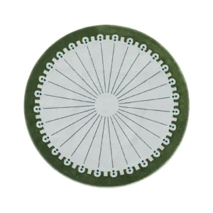 Custom Dotted Edge Round Rug in Pale Grey and Olive — front view