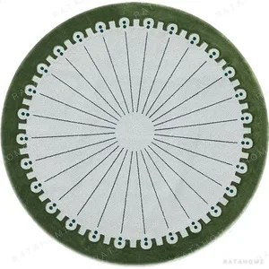 Custom Dotted Edge Round Rug in Pale Grey and Olive — in a room setting