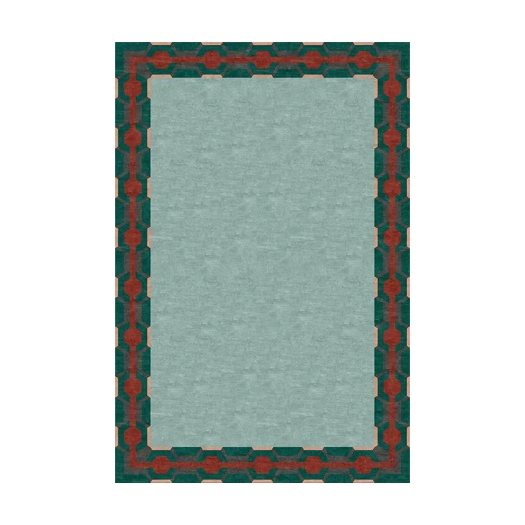 Custom Bordered Rug in Sage with Teal and Red Fret — front view