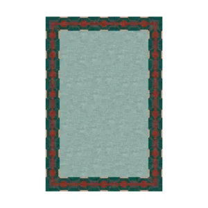 Custom Bordered Rug in Sage with Teal and Red Fret — front view