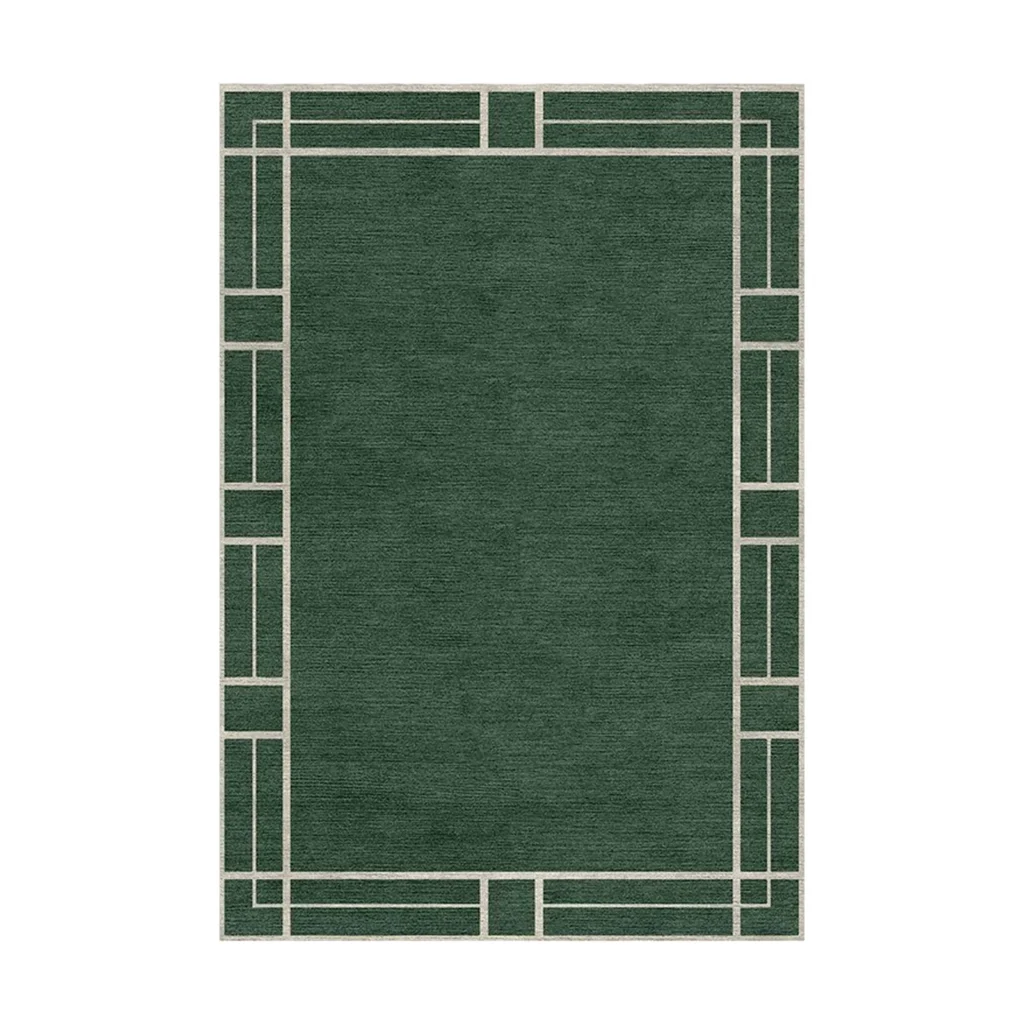 Custom Forest Green Rug with Cream Line Border in olive — front view