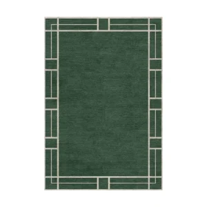 Custom Forest Green Rug with Cream Line Border in olive — front view