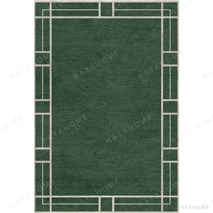 Custom Forest Green Rug with Cream Line Border in olive — in a room setting