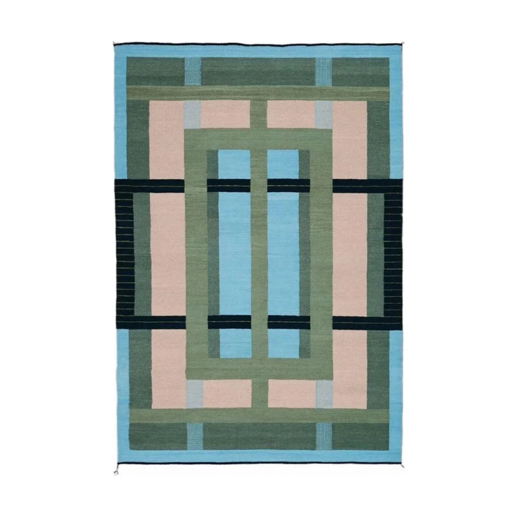Custom Geometric Frame Rug in Sky Blue, Blush and Olive — front view