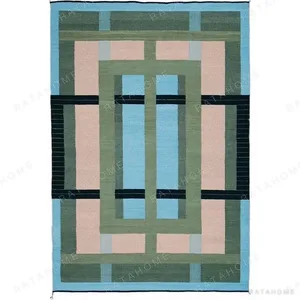 Custom Geometric Frame Rug in Sky Blue, Blush and Olive — in a room setting