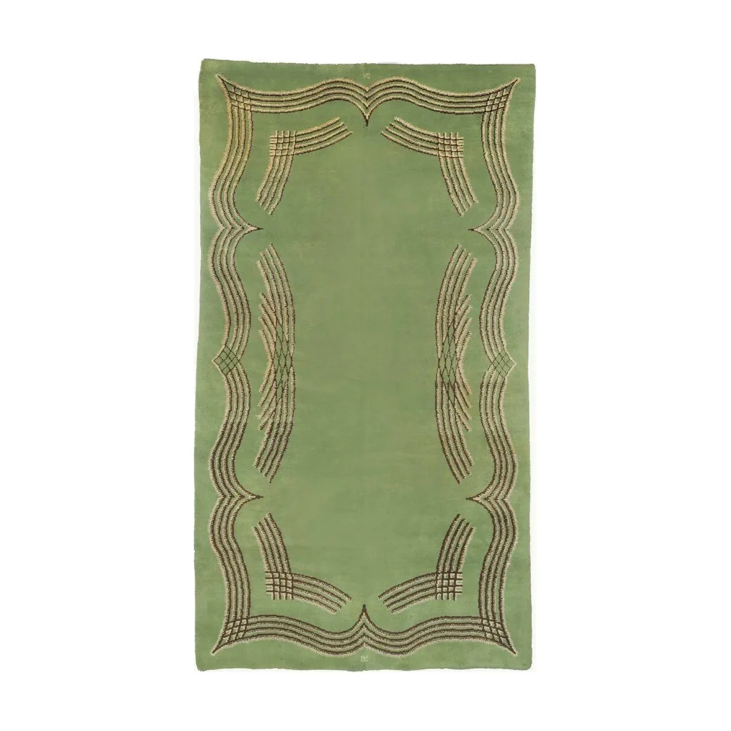 Custom Sage Rug with Scrolled Line Border and Notched Edge in olive — front view