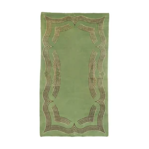 Custom Sage Rug with Scrolled Line Border and Notched Edge in olive — front view