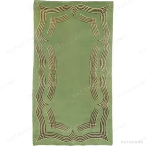 Custom Sage Rug with Scrolled Line Border and Notched Edge in olive — in a room setting