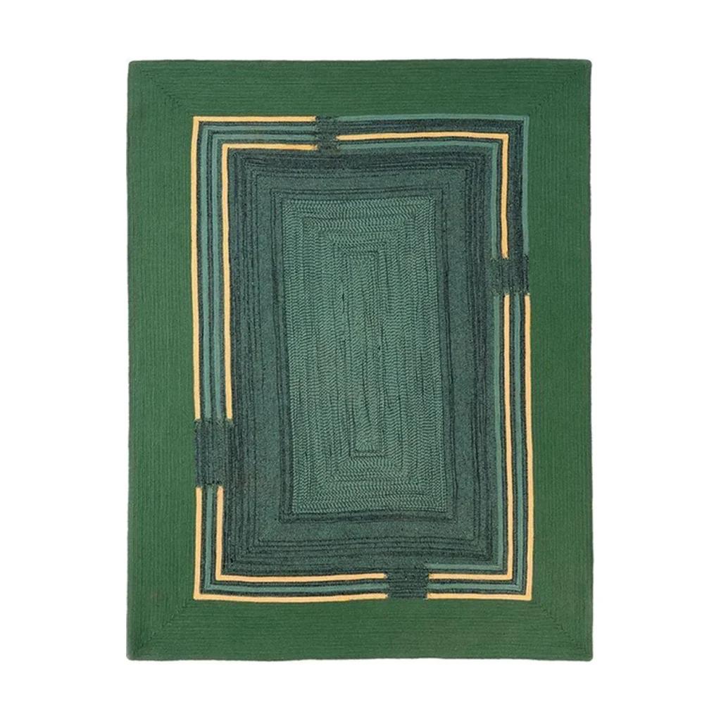 Custom Forest Green Braided Rug with Yellow Line Frame in olive — front view