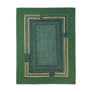 Custom Forest Green Braided Rug with Yellow Line Frame in olive — front view
