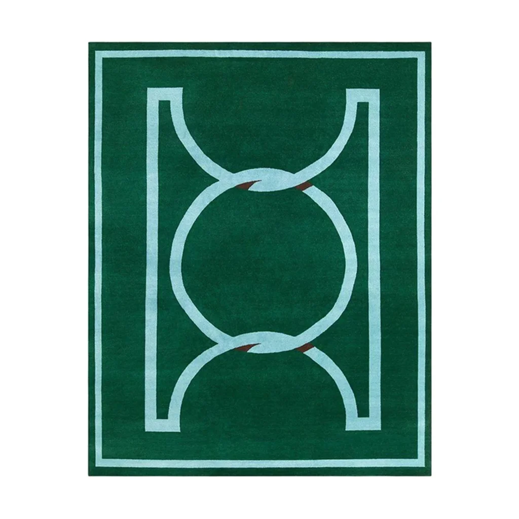 Custom Emerald Rug with Pale Blue Geometric Line Motif in olive — front view