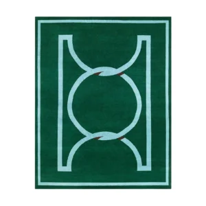 Custom Emerald Rug with Pale Blue Geometric Line Motif in olive — front view
