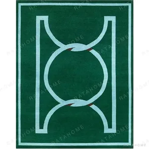 Custom Emerald Rug with Pale Blue Geometric Line Motif in olive — in a room setting