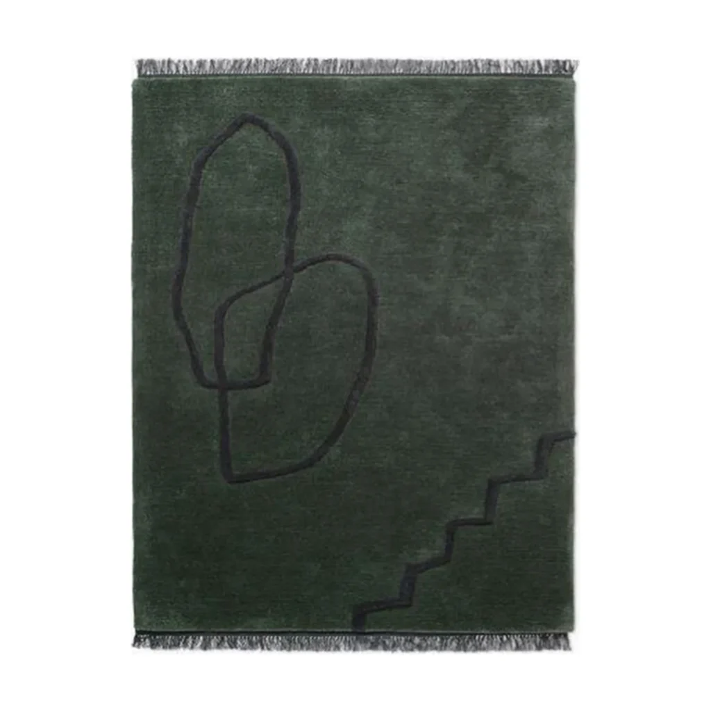 Custom Dark Green Rug with Loose Line Drawing and Fringe in olive — front view