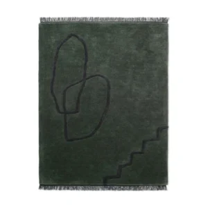 Custom Dark Green Rug with Loose Line Drawing and Fringe in olive — front view