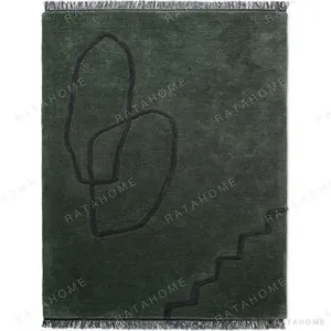 Custom Dark Green Rug with Loose Line Drawing and Fringe in olive — in a room setting