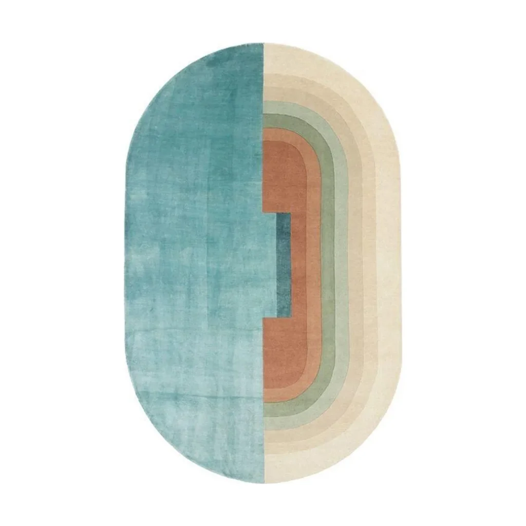 Custom Oval Split Rug in Teal and Nested Cream Bands — front view