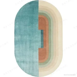 Custom Oval Split Rug in Teal and Nested Cream Bands — in a room setting