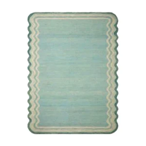 Custom Wavy Edge Rug in Pale Aqua with Line Border — front view