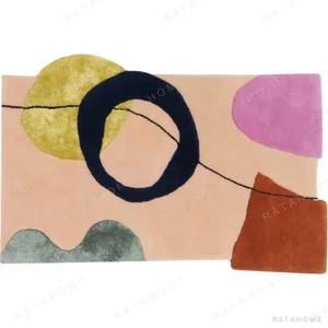 Custom Abstract Shapes Rug in Blush, Olive, Navy and Lilac — in a room setting