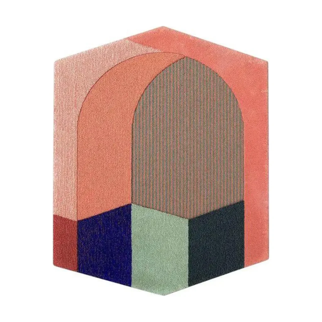 Custom Arched Doorway Rug in Coral, Navy and Sage — front view