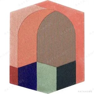 Custom Arched Doorway Rug in Coral, Navy and Sage — in a room setting