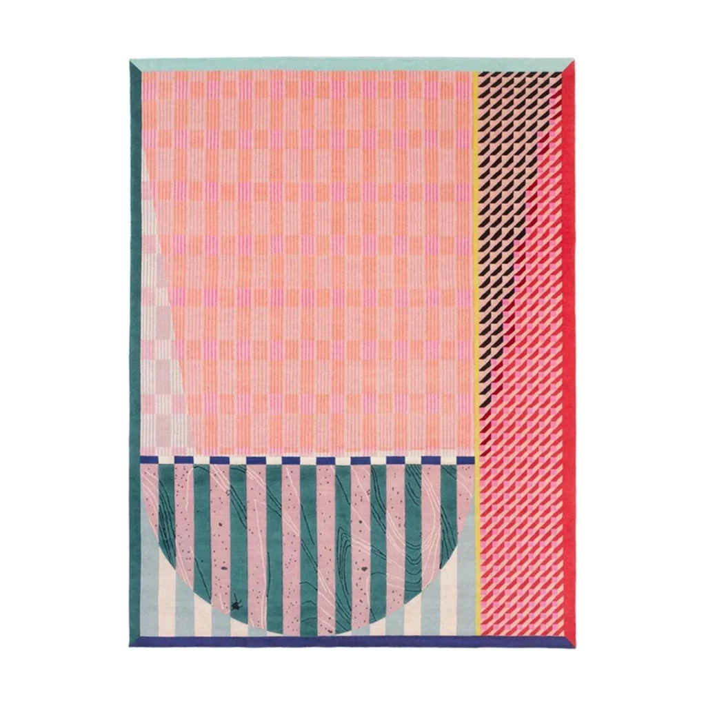 Custom Pink Check and Stripe Rug with Teal and Red Bands in rose stone — front view