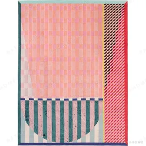 Custom Pink Check and Stripe Rug with Teal and Red Bands in rose stone — in a room setting