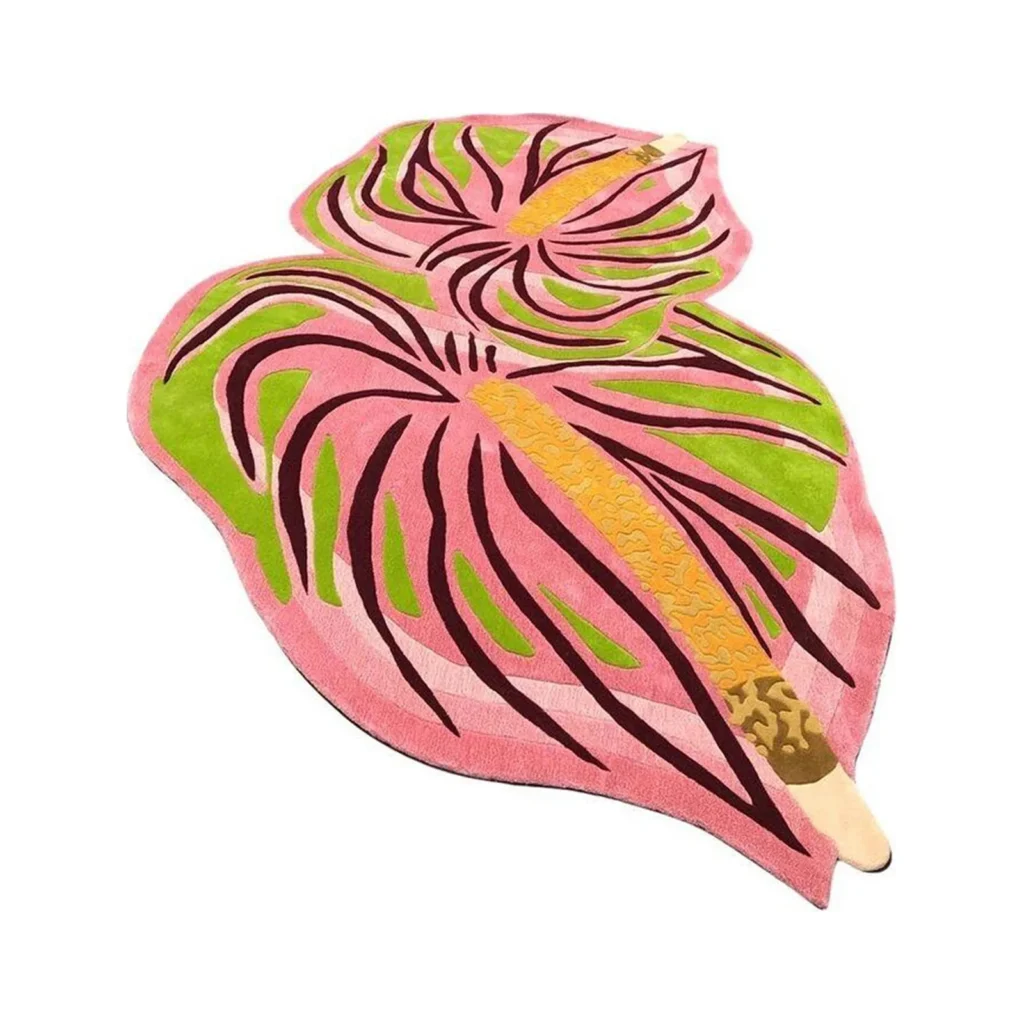 Custom Tropical Leaf Rug in Pink, Green and Burgundy — front view