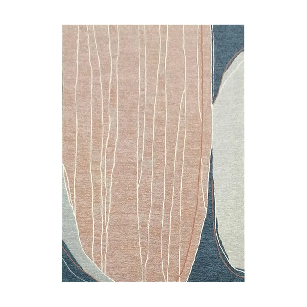Custom Blush Grain Rug with Navy and Cream Arcs in rose stone — front view