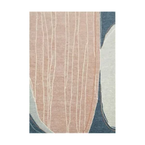 Custom Blush Grain Rug with Navy and Cream Arcs in rose stone — front view