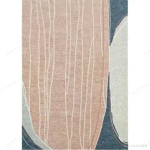 Custom Blush Grain Rug with Navy and Cream Arcs in rose stone — in a room setting