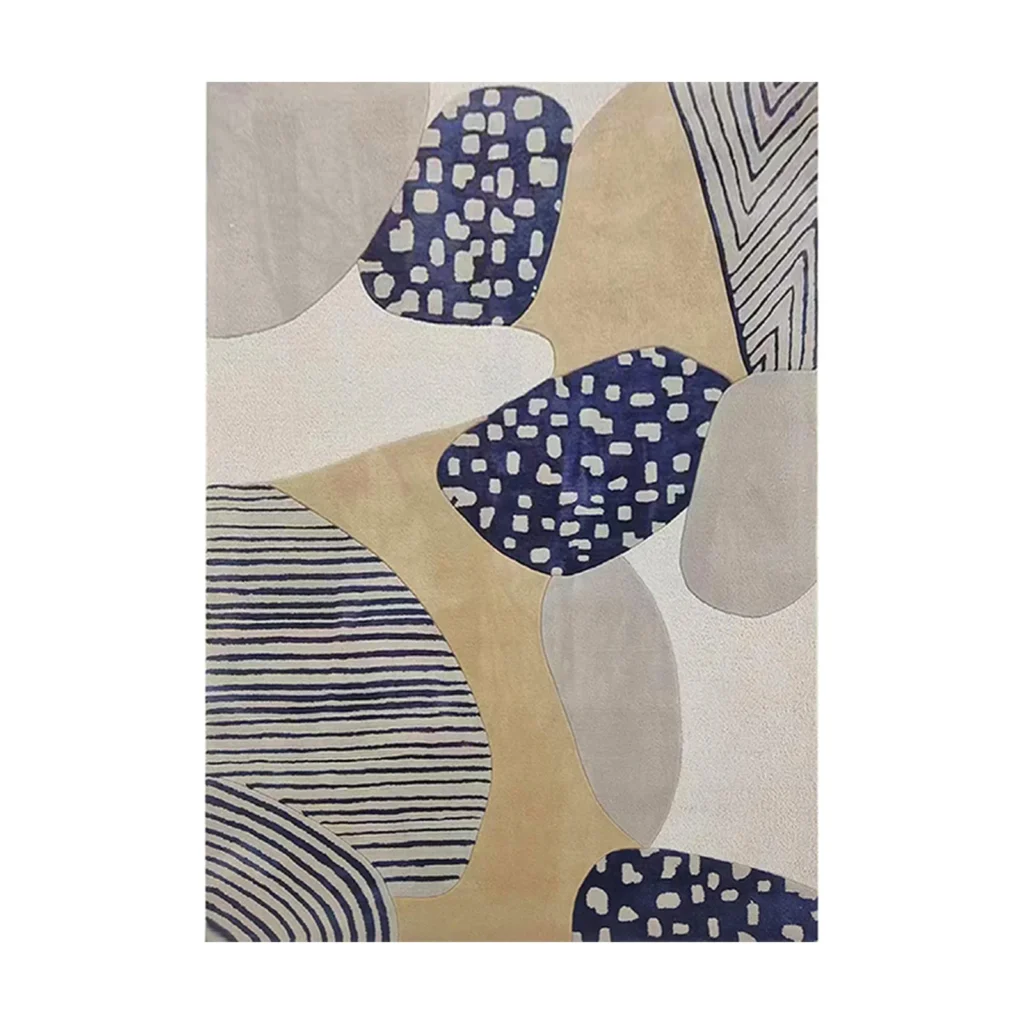 Custom Pebble Collage Rug in Sand, Grey and Navy Patterns — front view