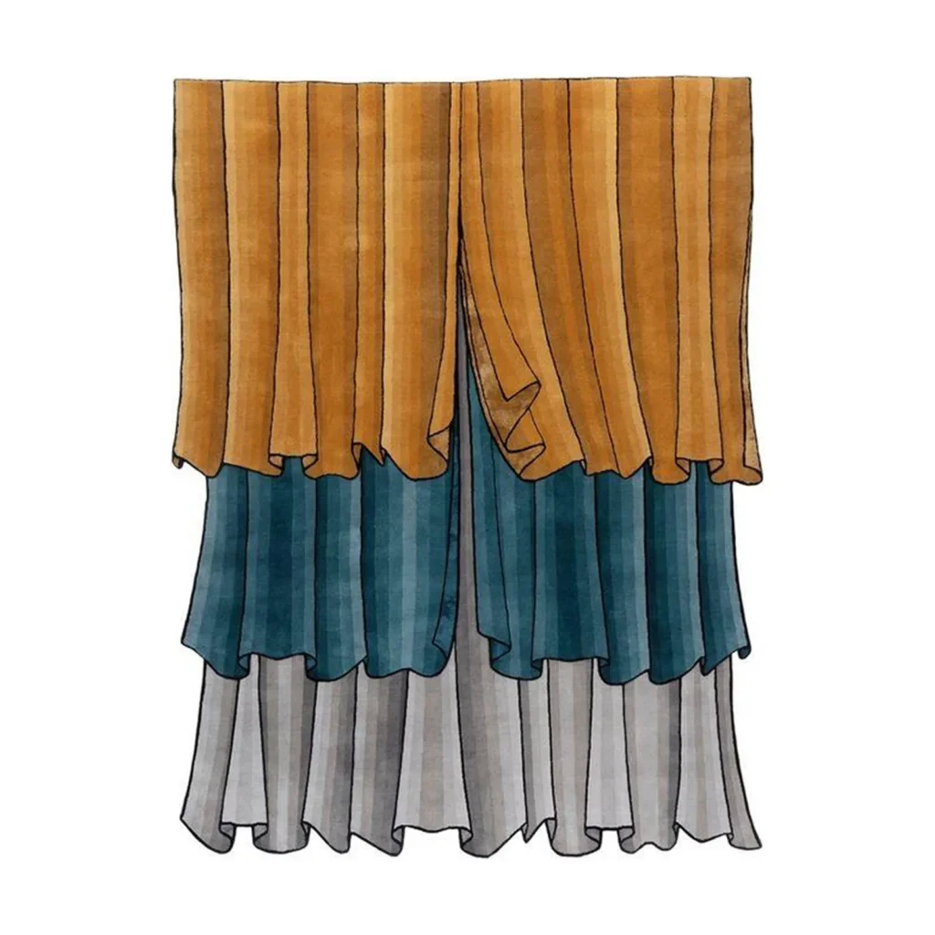 Custom Layered Curtain Rug in Amber, Teal and Grey — front view