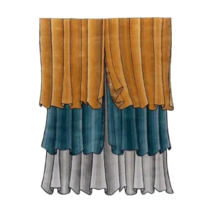Custom Layered Curtain Rug in Amber, Teal and Grey — front view