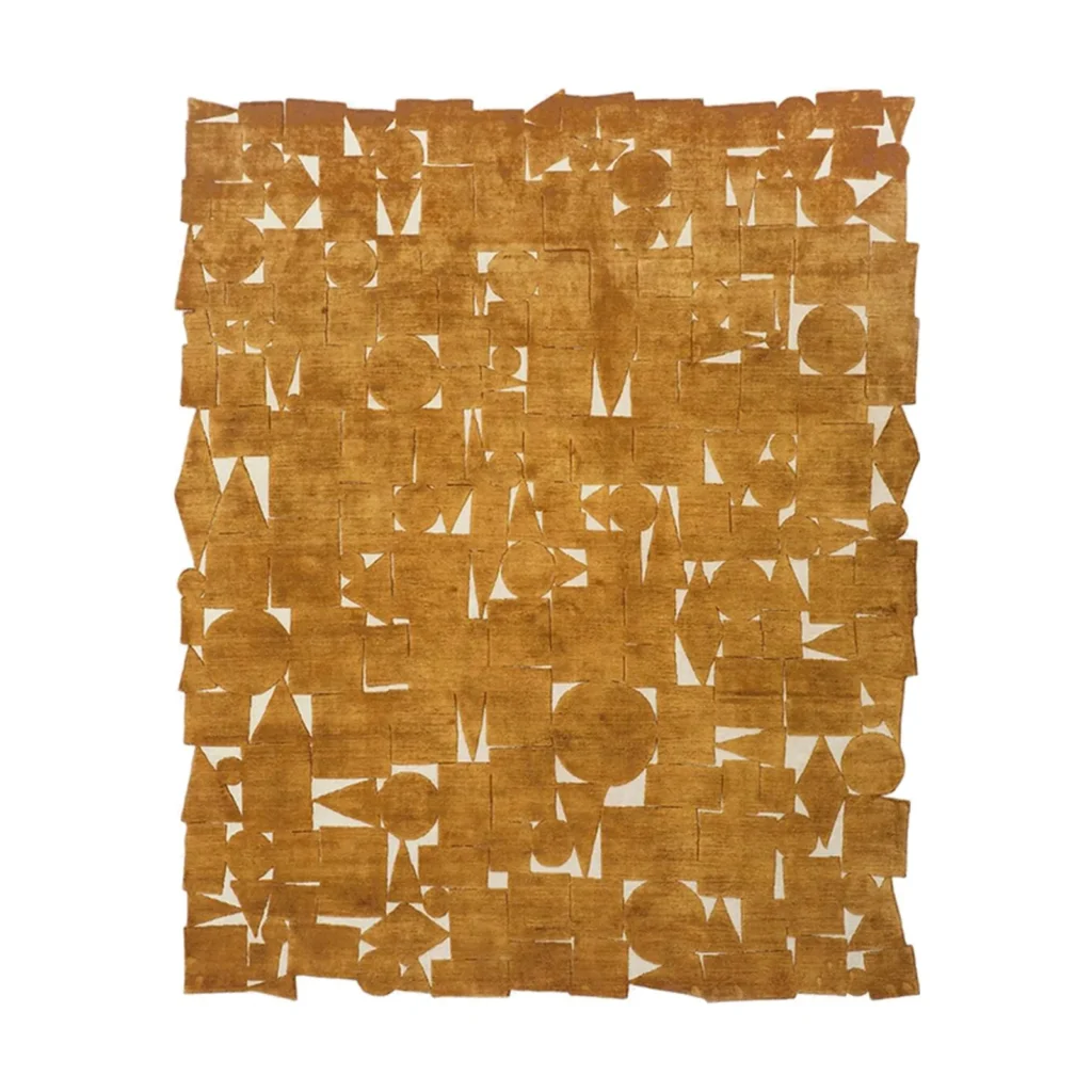 Custom Amber Mosaic Rug with Torn Edge in rust — front view