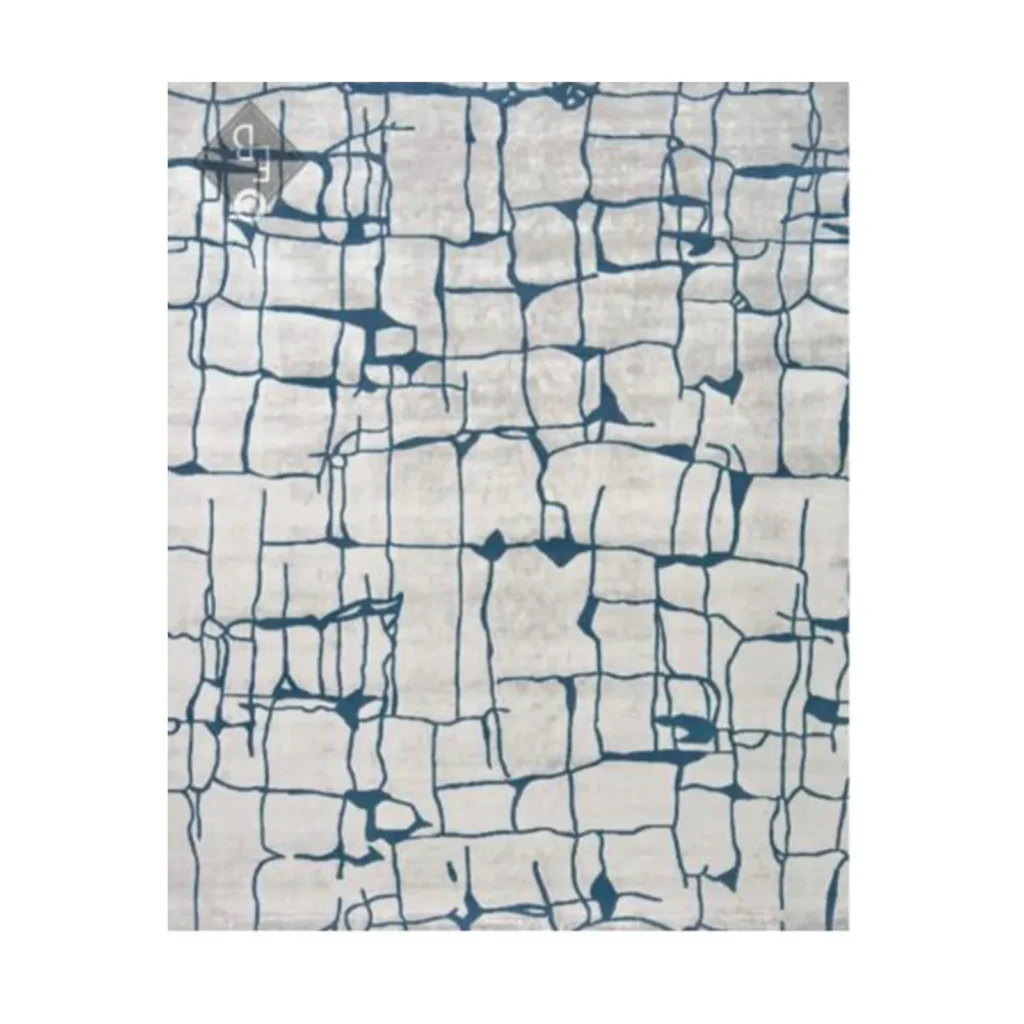Custom Cracked Grid Rug in Blue and Cream — front view