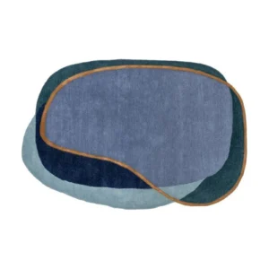 Custom Layered Pebble Rug in Blue, Teal and Rust Line — front view