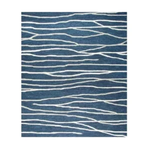 Custom Navy Rug with Cream Wave Lines in blue — front view