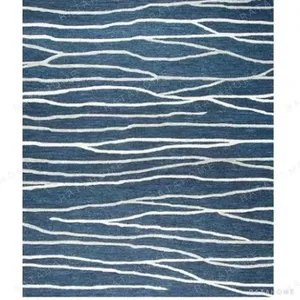 Custom Navy Rug with Cream Wave Lines in blue — in a room setting